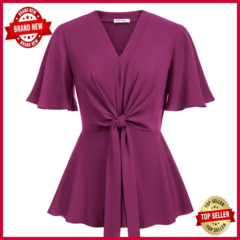 Slim Fit Peplum Top with V-Neck and Bell Sleeves for Women